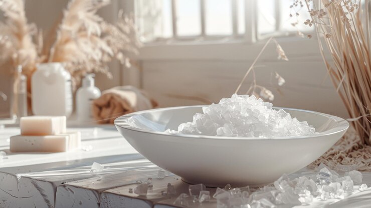 Minimalist bathroom scene with natural light bowl bath salts 337384 212101